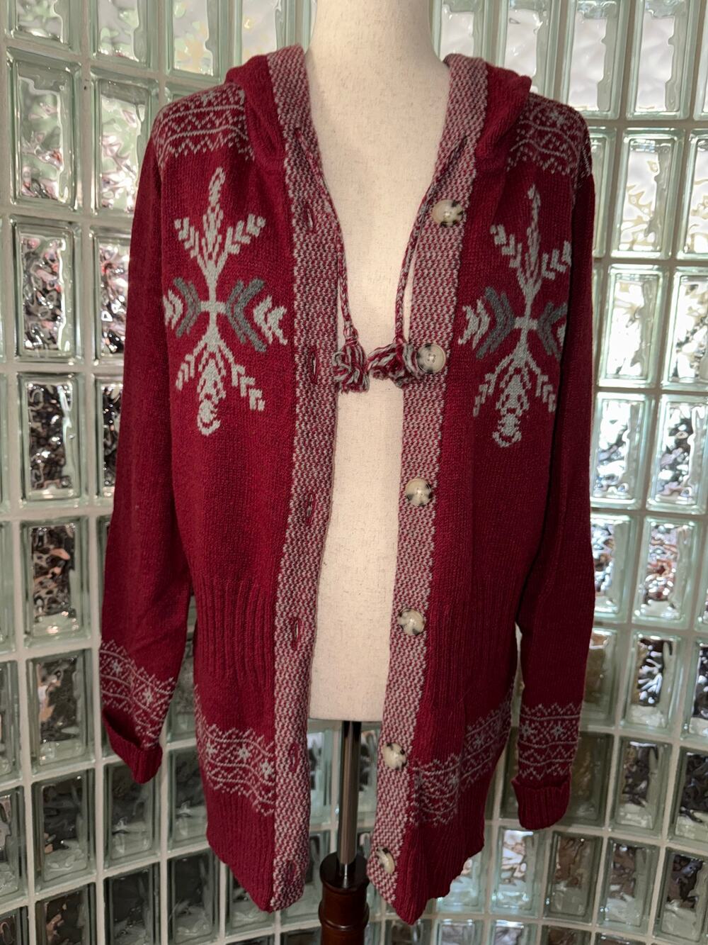 Eddie Bauer Red Nordic Button Down Hooded Cardigan Sweater - size XL